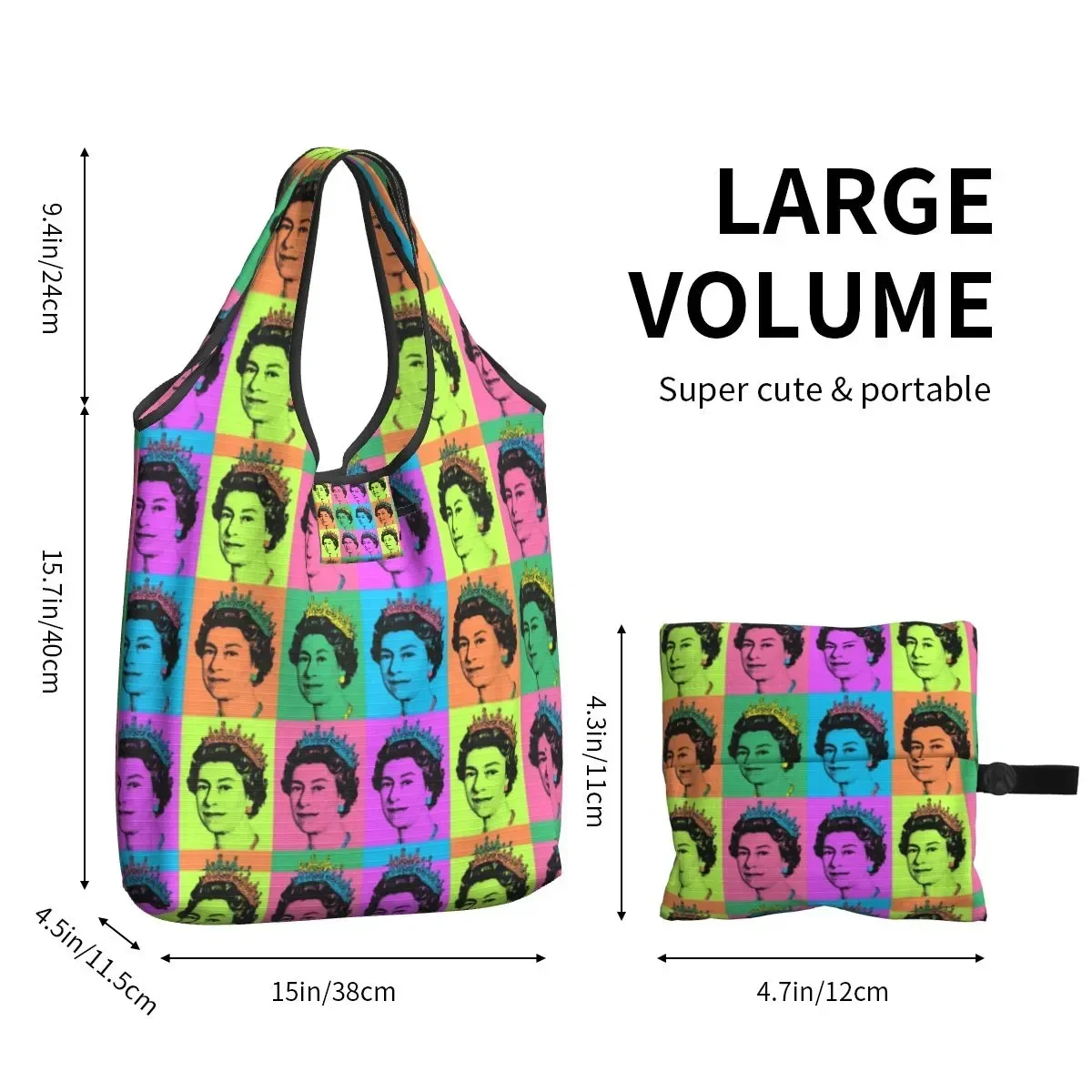 Recycling Queen Elizabeth II England Pop Art Shopping Bag Women Tote  Portable Royal United Kingdom Groceries Shopper s