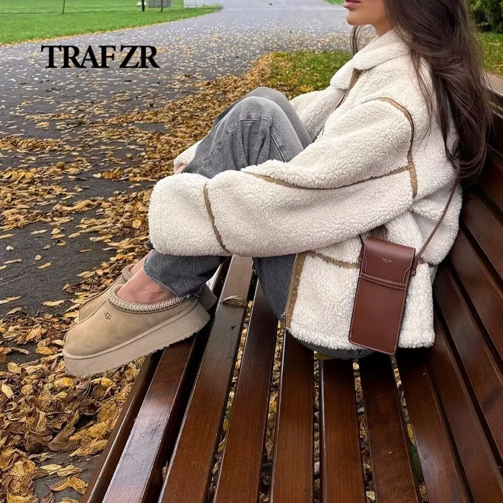 TRAF ZR Faux Shearling Jacket for women 2024 with Featuring trims Collared jacket with zipper and long sleeves Women\'s Cozy Coat