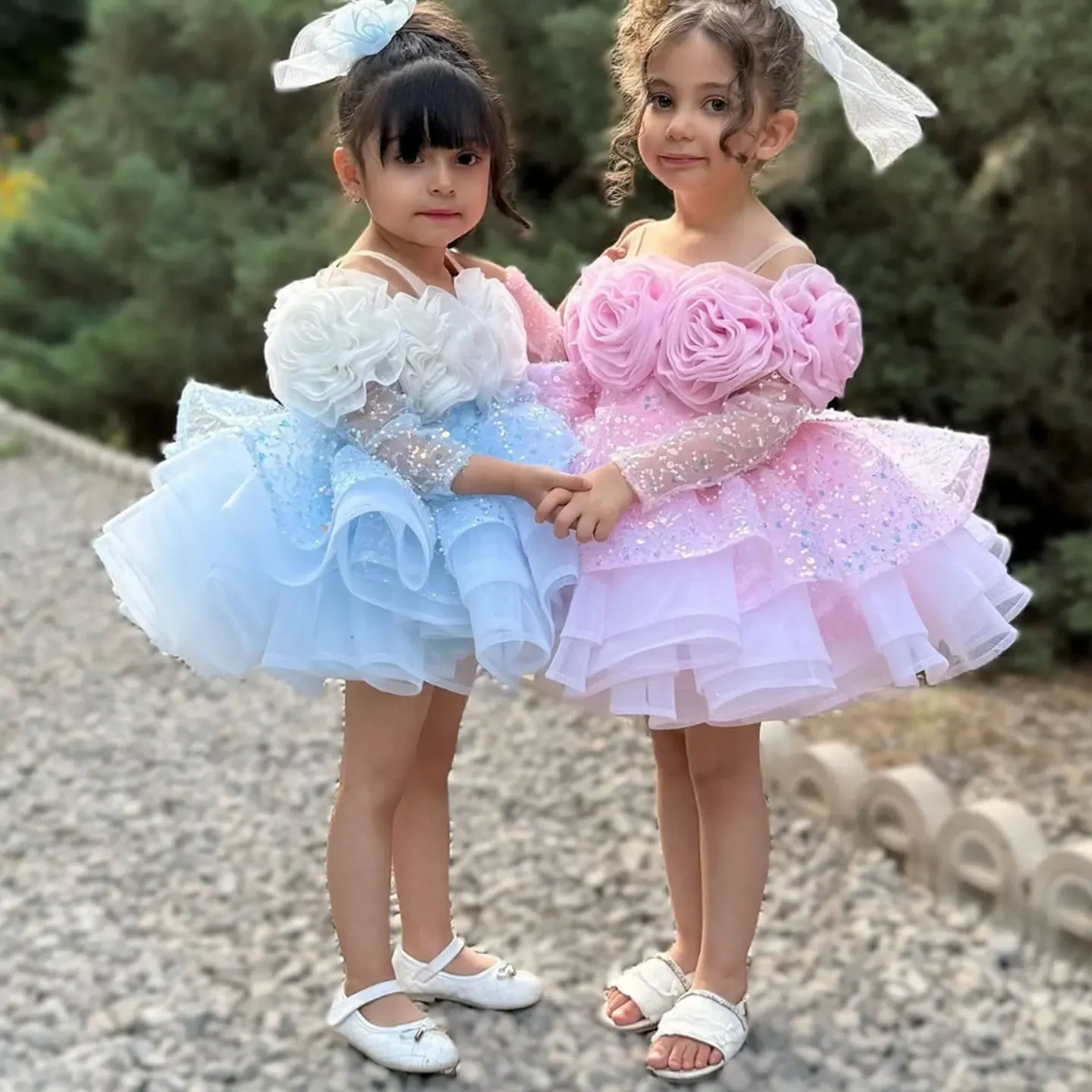 Jill desejo d099 luxo flor menina vestido de renda manga longa princesa criança crianças casamento 1st aniversário pageant festa vestido baile