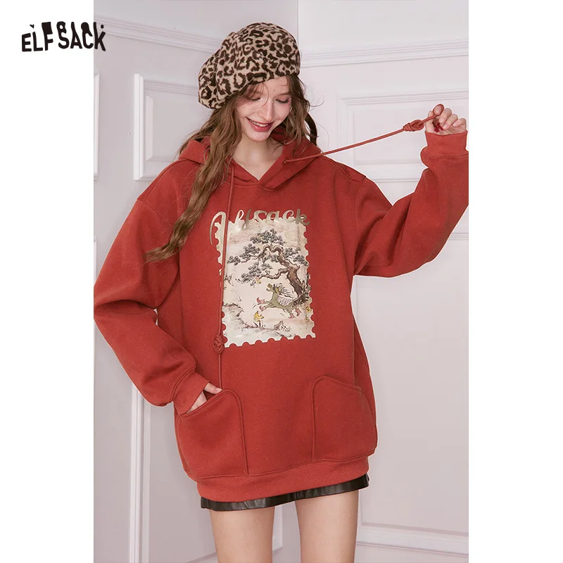 ELFSACK Minimalist Casual Loose Graphic Hooded Sweatshirt For Women
