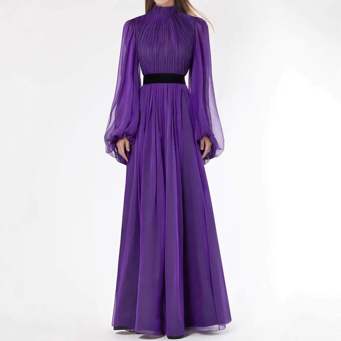 Purple Chiffion Elegant Women Dress Stand Neck Lantern Sleeve Vintage Clothing Lady Streetwear Party Maxi Vestidos Bodycon