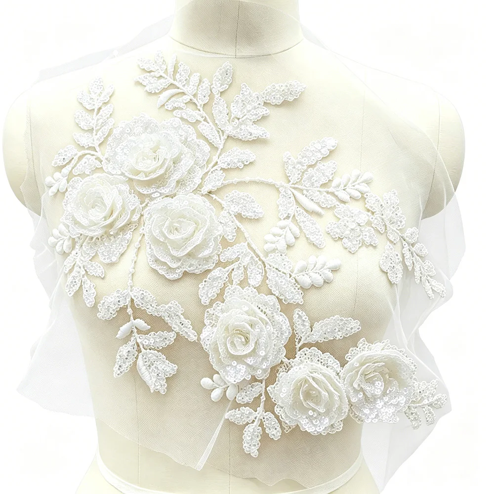 1PC Sparkling Sequin Beaded Flower Applique 3D Rose Mesh Embroidery Patch for DIY Sewing Dresses Garment Shirt Blouse Materials