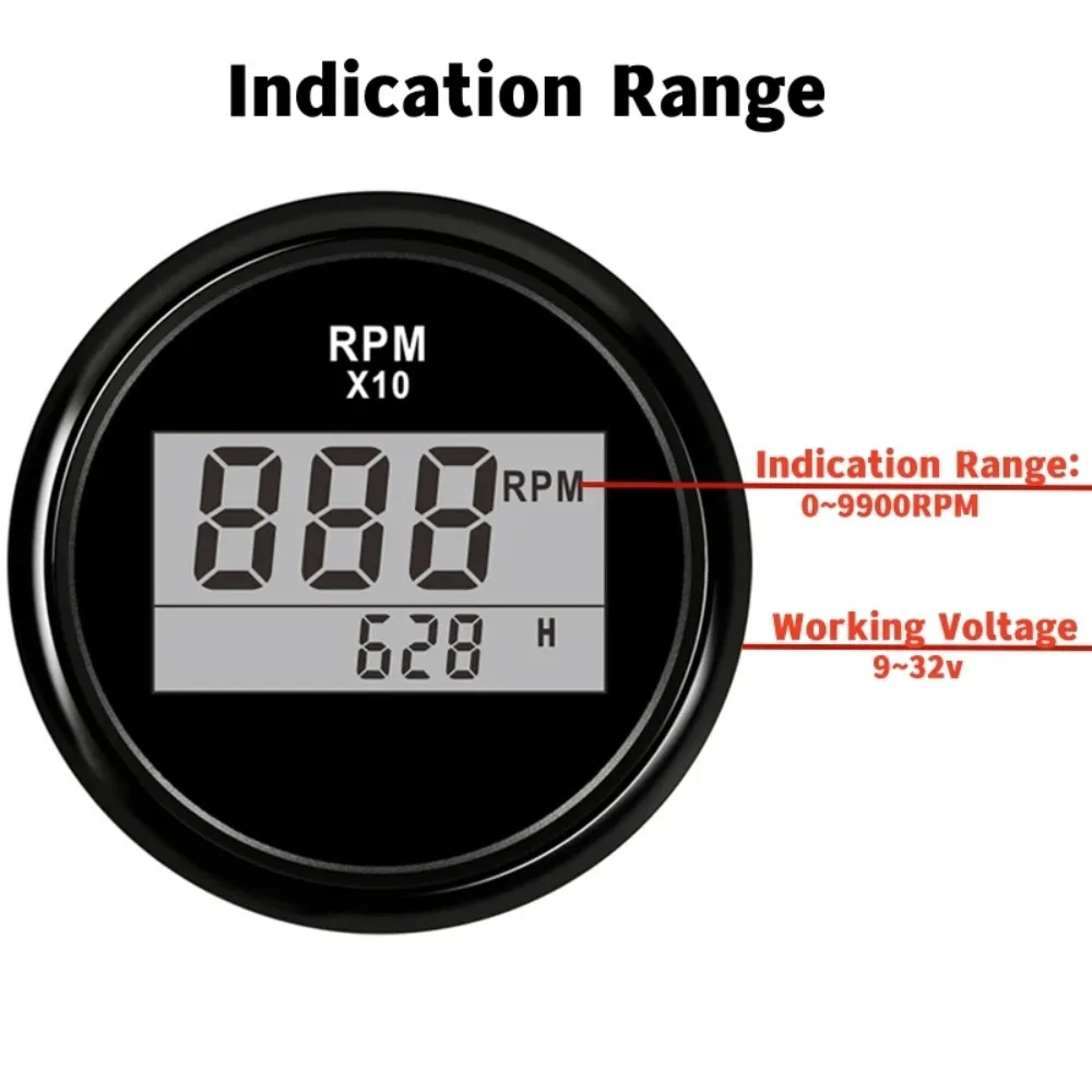 Cars 52mm Digital Tachometers Gauges 0-9900RPM Show Revolution Meters Marine Rev Counters with Hourmeters Function RPM