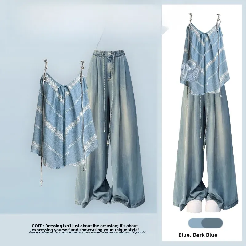 Summer Design Sexy Blue Ethnic Style Lace Trim Denim Set with Strap Vest Fashionable Three-Piece Suit Long Sleeve V-Neck Top view 2