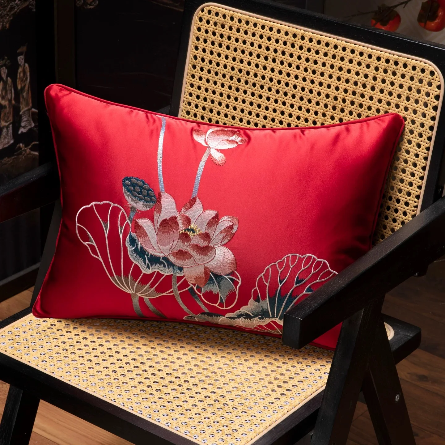 Luxury Chinese Style Lotus Embroidery Pillow Cover Lumbar Armchair Sofa Woven Cushion Cover 35x50cm 1 Piece Pack