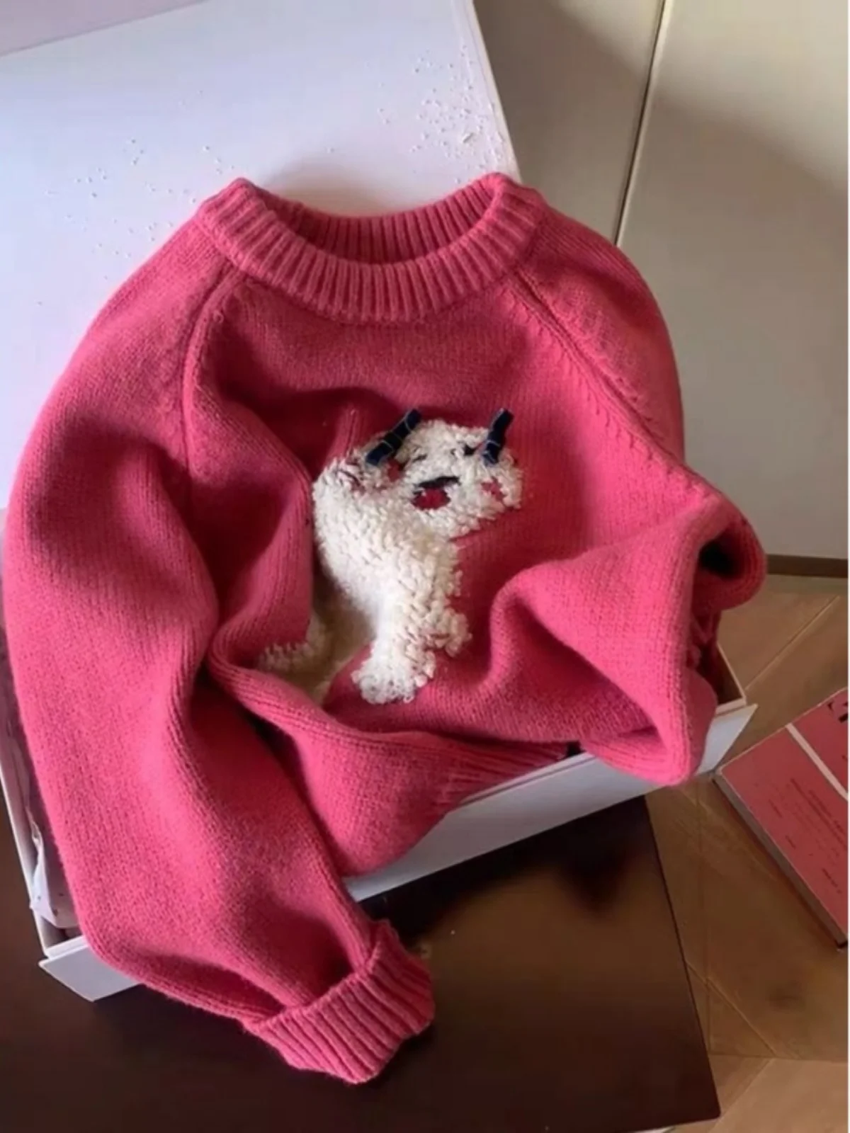 

Pink Knitted Sweater Embroidered Dog Lazy Style Overhead Woolen Shirt Korean Version Loose Fit Long Sleeve round Neck Warmth ...