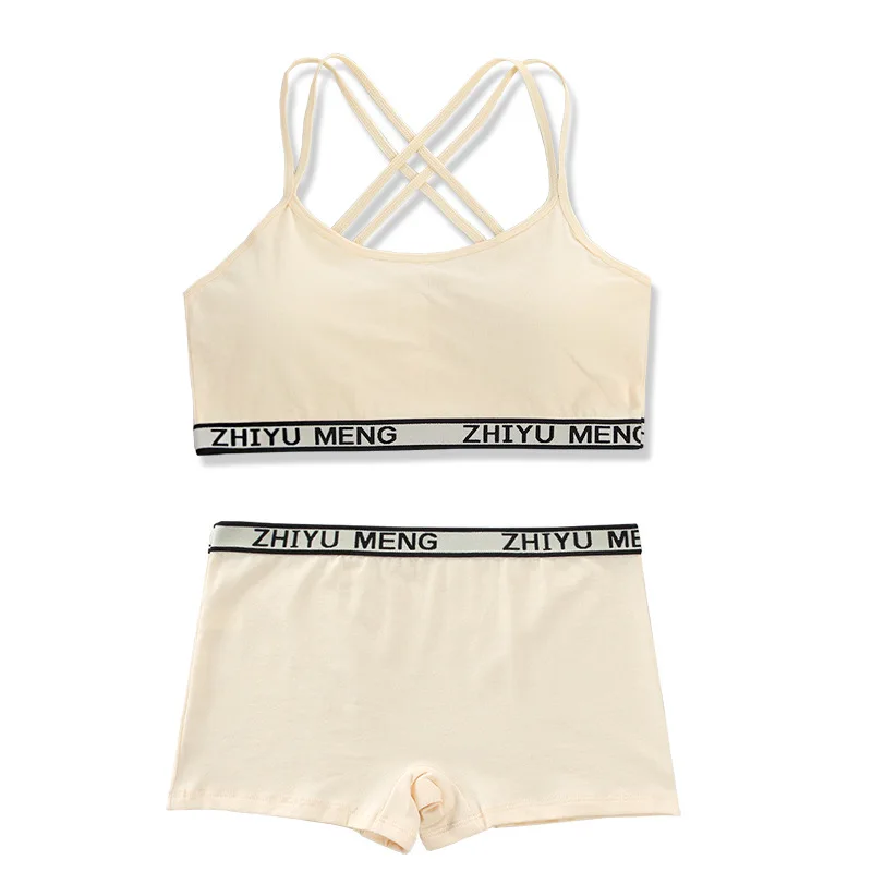 Teenager Girls Bra And Panties Set Casual Young Children Solid Cotton Padded Training Bra+Elastic Waist Brief Kids Underwear Set