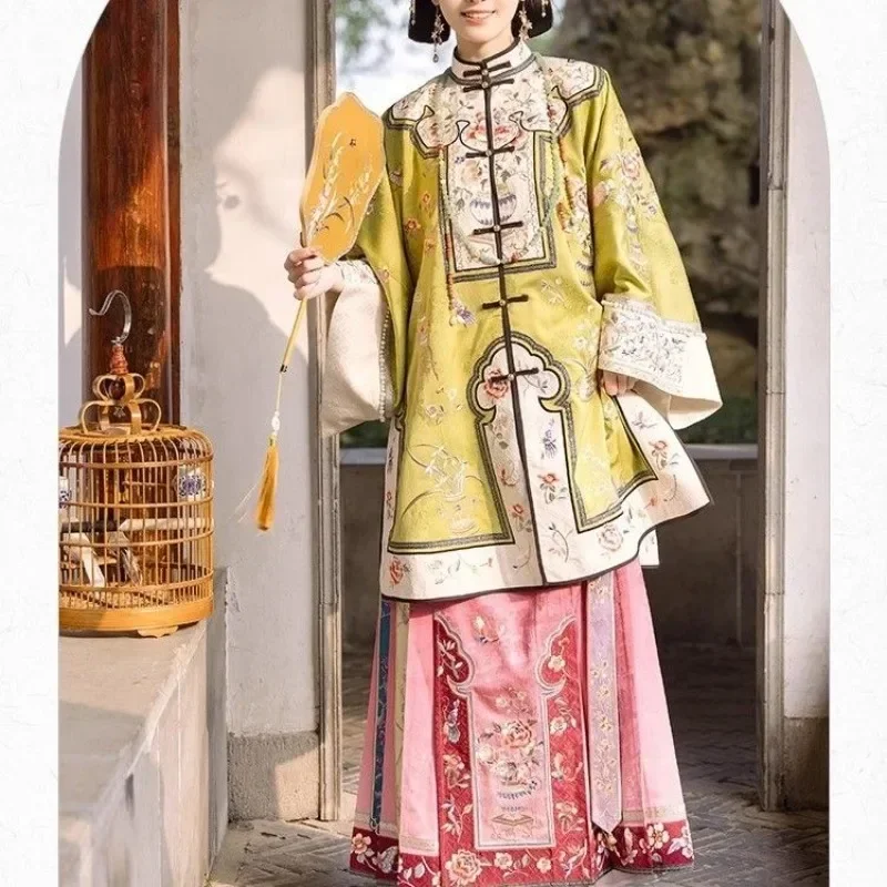 Qing Dynasty Green Floral Print Long Sleeve  Dress Phoenix Tail Hanfu Horse Face Skirt Women Princess Cosplay Costumes