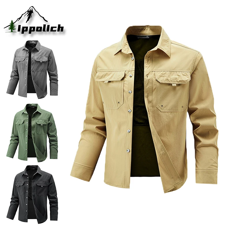 

IPPOLICH Men's Outdoor Casual Jacket Spring Outdoor Solid Color Stand Collar Work Jackets Autumn Street Fashion Windproof Jacket
