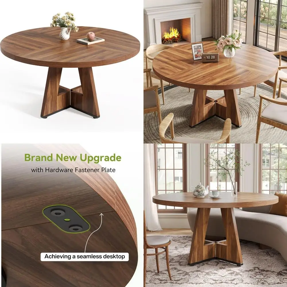 مقاعد طاولة طعام خشبية مستديرة 4-6، قاعدة بقاعدة بنية مقاس 47 بوصة، أثاث غرفة دائري