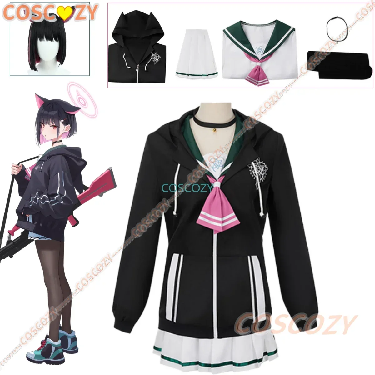 Anime Blue Archive Kyoyama Kazusa Cosplay Costume Women XS-XXXL Black Hoodie Sailor Suits Skirt Pink Bow-Tie Stocking Wig