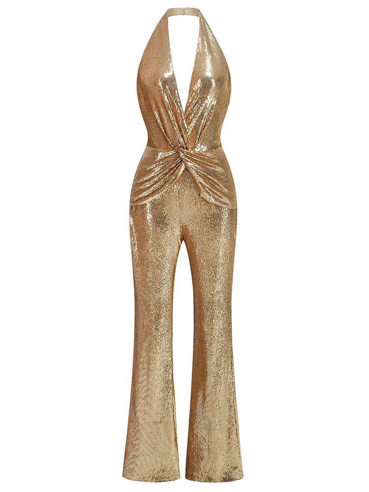 Sexy Women Sleeveless Gold V Neck Backless Sequins Jumpsuit Sequined High Waist Wide Leg Pants Bodycon Celebrity Party Rompers