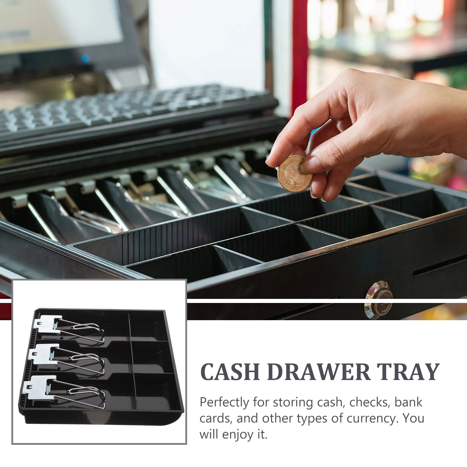 

Cash Register Drawer Tray Insert Money Storage 3 Coin 3 Bill Slots Plastic Metal Cash Organizer for Restaurants