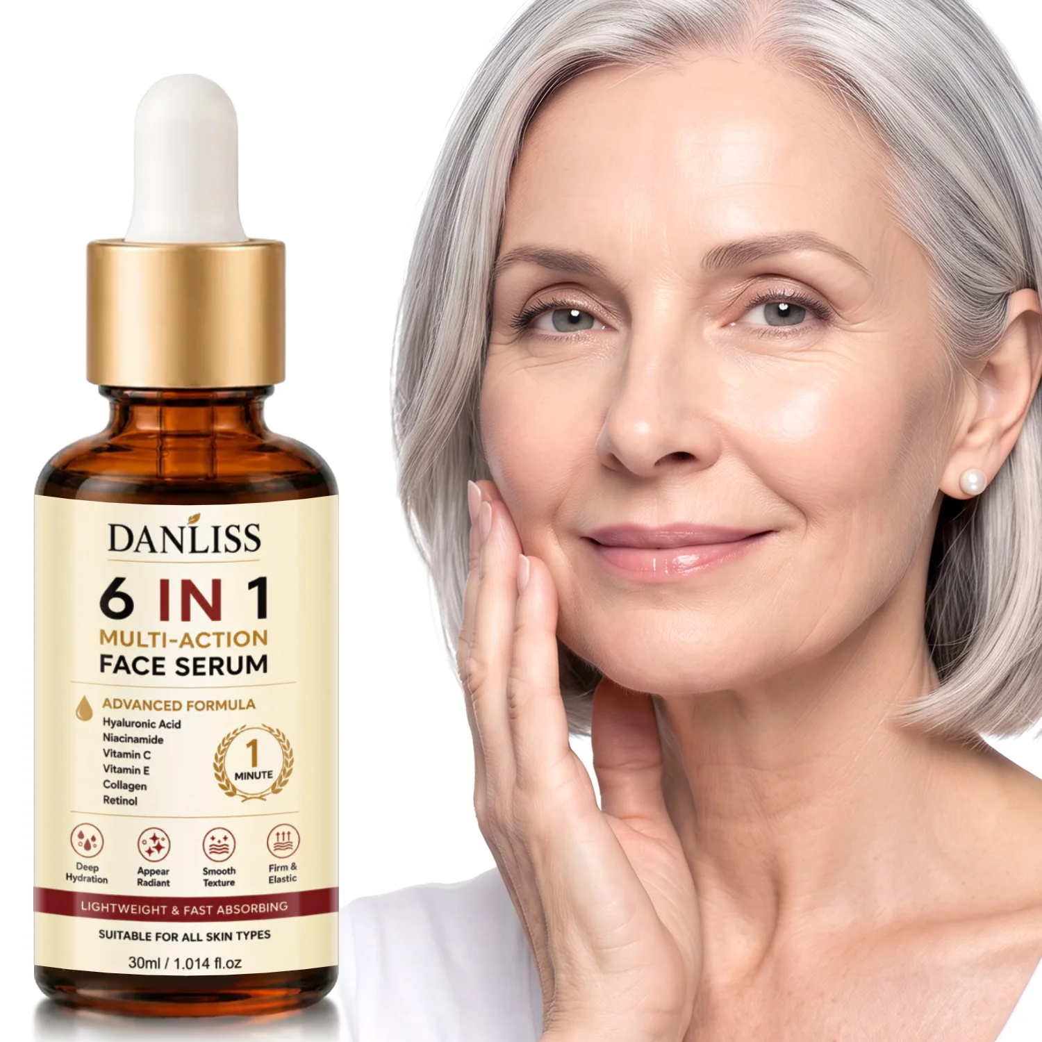 Sérum Facial Multi-Ação 6 em 1 com Ácido Hialurônico, Retinol e Vitamina C - Sérum Anti-Envelhecimento e Iluminador para Firmeza da Pele.