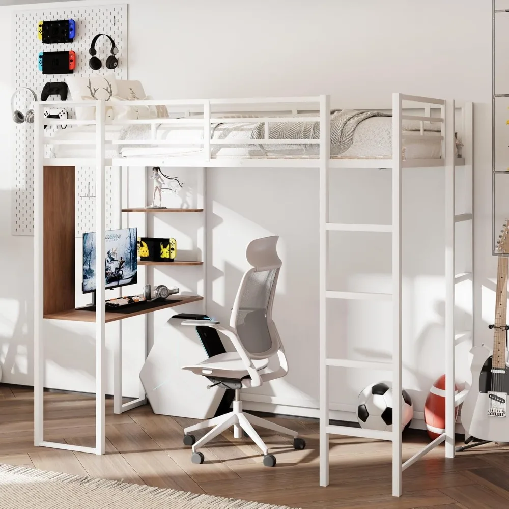 Metal Loft Bed with Helves and Desk, Loft Bed Frame with Built-in Ladders, 12.2/'' H Safety Guardrail,No Box Spring Needed