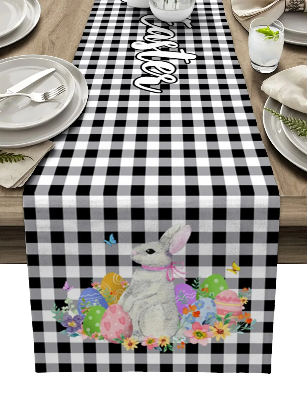 Easter Egg Rabbit Flower Butterfly Plaid Table Runner Wedding Dining Decoration Kitchen  Tablecloth