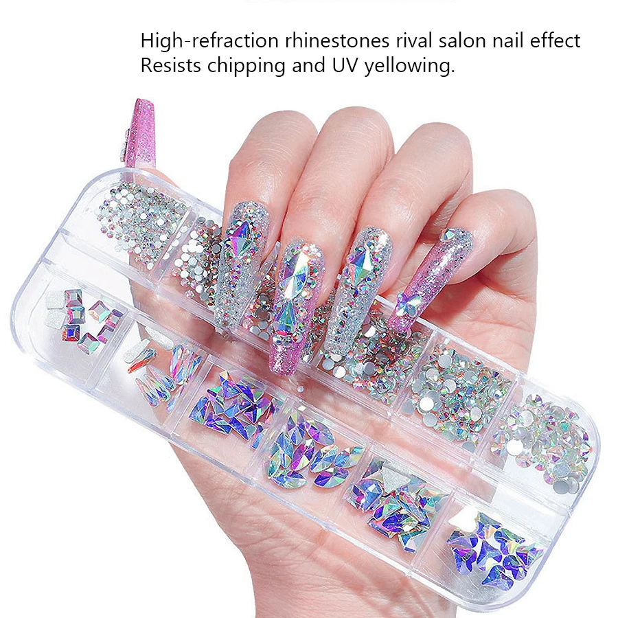 12-Fächer-Box mit mehrfarbigen Flachrücken-Strasssteinen, Kristall-Edelsteinen, 3D-Glitzer-Nagelkunst-Dekorationen, luxuriöse Nagelkunst-Zubehörteile – Detail 5