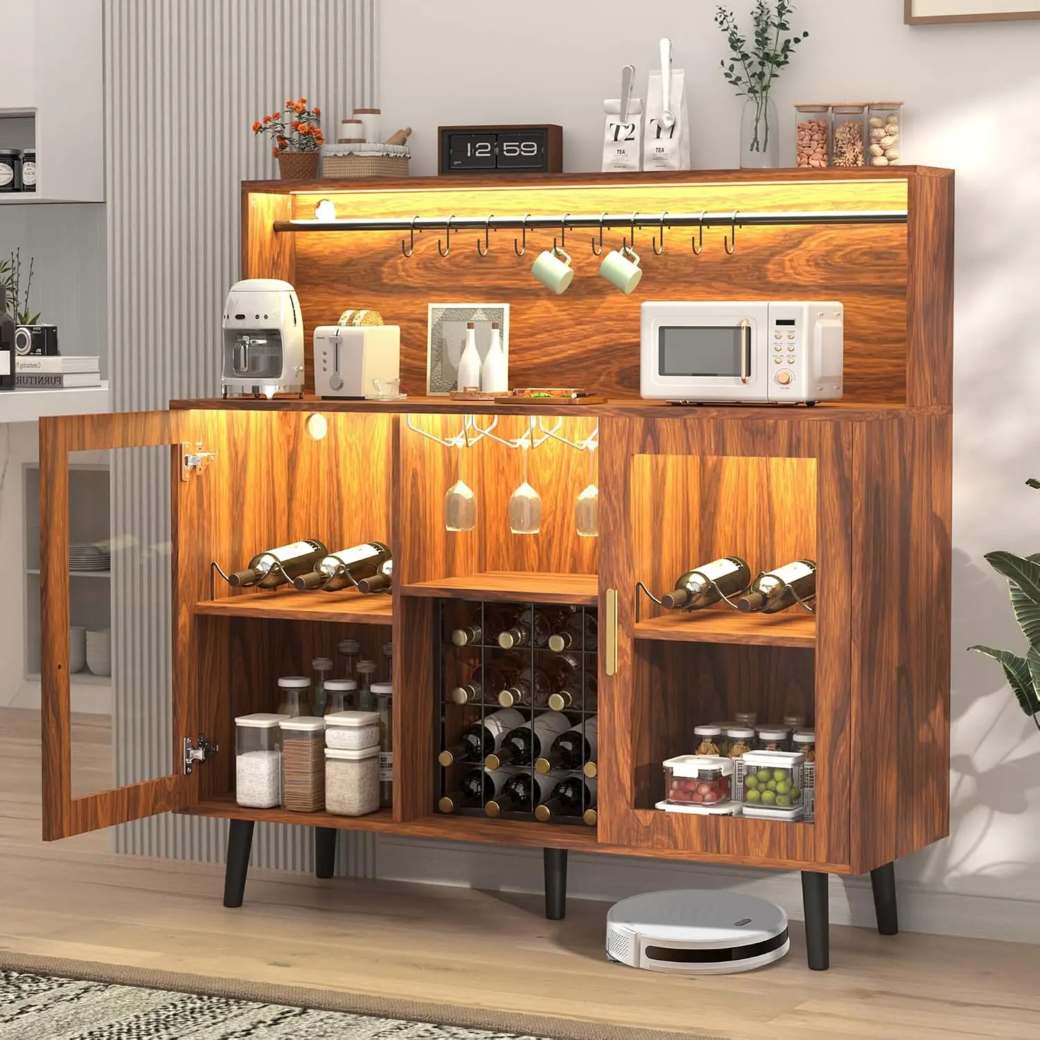 LED Wine Bar Cabinet with Storage & Lighted Display, Home Bar Furniture, Brown, Customized