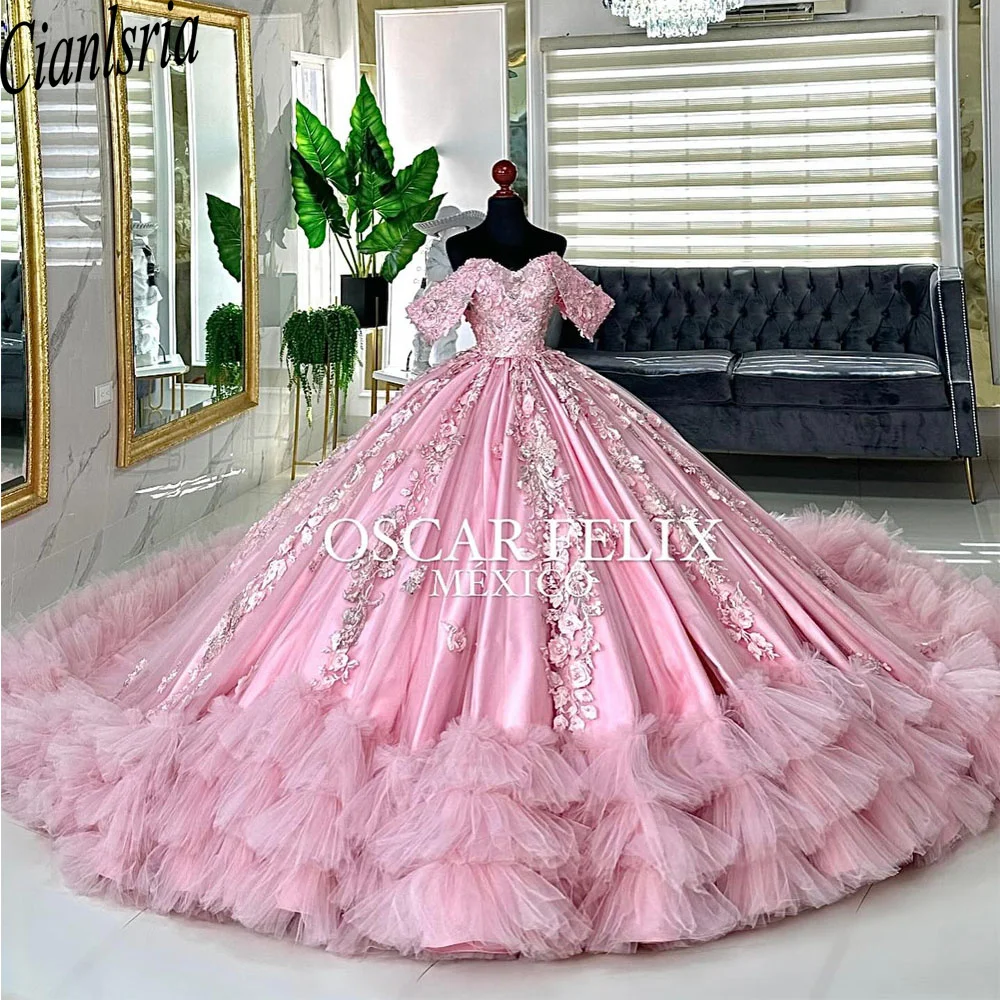 

Розовые платья Quinceanera с открытыми плечами и аппликациями, бальное платье в форме сердца с 3D цветами, тюлевое платье Vestidos De 15 Años Sweet 16