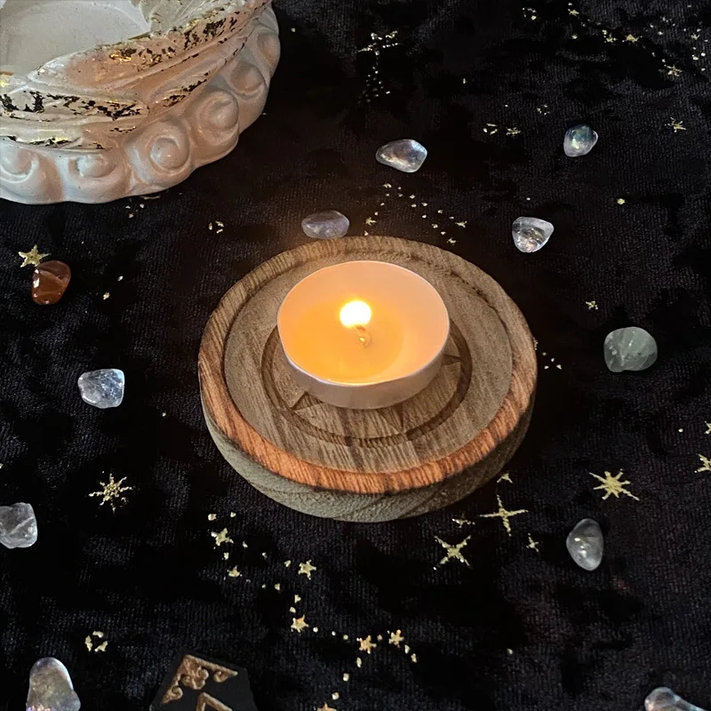 1PC Wooden DIY Candle Holder with Pentagram Single Candle Stand, Disc Ornament, Ritual Accessory