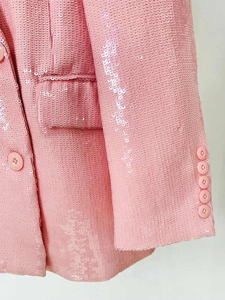 Veste décontractée à double boutonnage pour femme, veste trempée à paillettes roses, manteau à manches longues, blazers de bureau pour femme, design à la mode