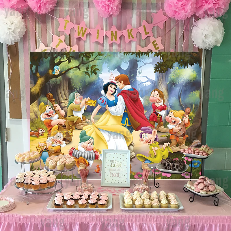 Cute Snow White Princess Seven Dwarfs Disney Forest Backdrop Support Customize Party Background Cloth Baby Shower Kids Birthday