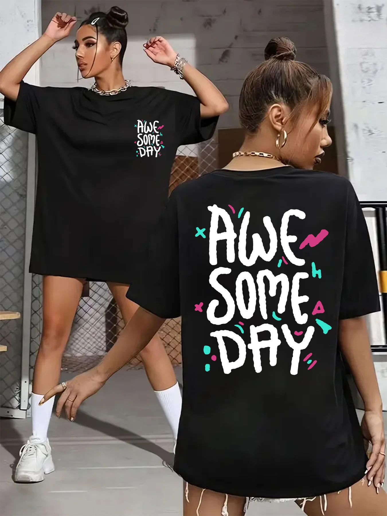 Summer Women's Plus Size T-Shirt Original Design Fashion Letter Awesome Day Printed Women's Casual Round Neck Short Sleeved Tops