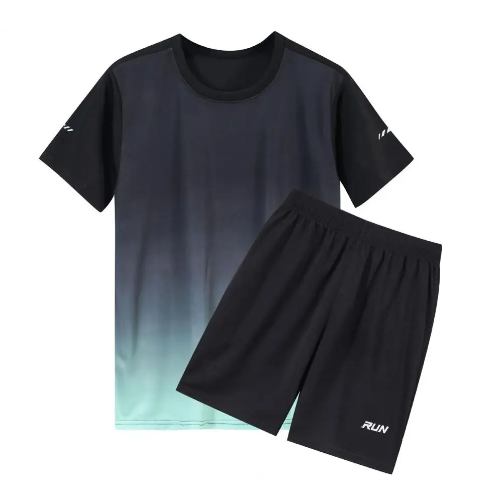 Quick-drying Casual Outfit Men's Casual Sport Outfit Set with O-neck Short Sleeve Tops Elastic Waistband Wide Leg Shorts Ice