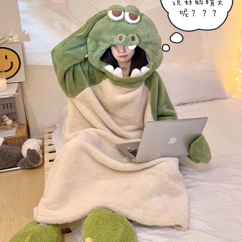 Winter Pajamas For Women Coral Velvet Sleeping Dress Robe Funny Dinosaur Night Dress Sleepwear Cartoon Pajama Hooded Homewear