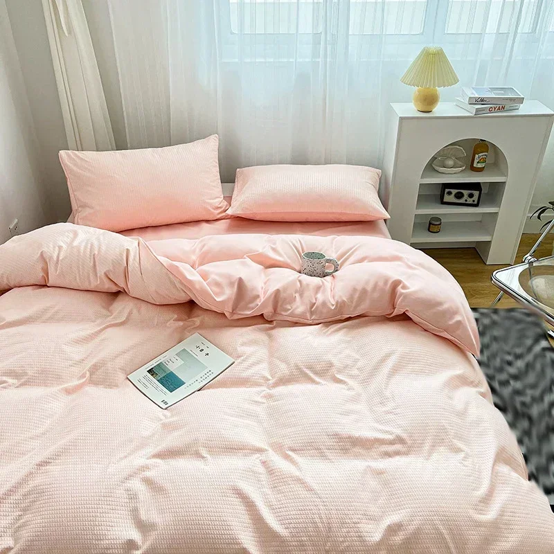 Home Textile Green Waffle Pattern Solid Color Bedding Set Double Sheet Queen King Size Bed Linens Duvet Cover Sheet Pillow Case