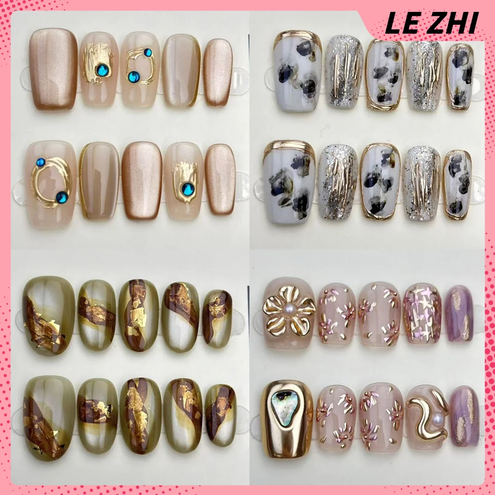 

Kawaii Autumn Winter Handmade Short Wearable Press On Nails Cat Eyes Flower Butterfly Diamond Pearl Fake Nails Christmas Gift