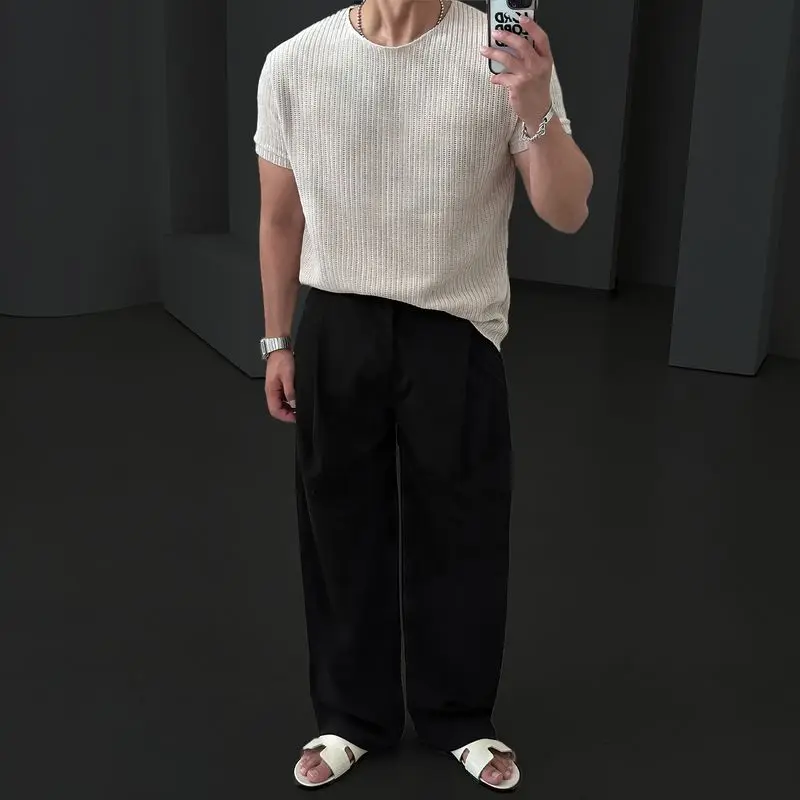 Breathable Knitted Short-sleeved T-shirt Men's 2026 Summer Thin Round Neck Loose Casual