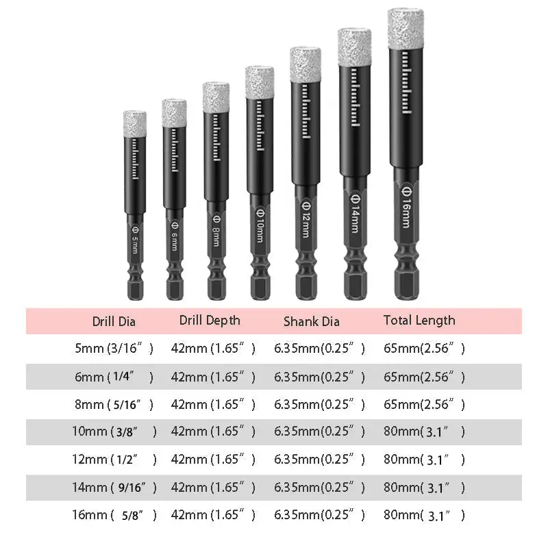 Imagem -04 - Conjunto de Brocas de Diamante Seco Hex Shank Hole Saw Kit para Granito Mármore Telha Cerâmica de Vidro de Pedra Materiais Duros Preto Pcs