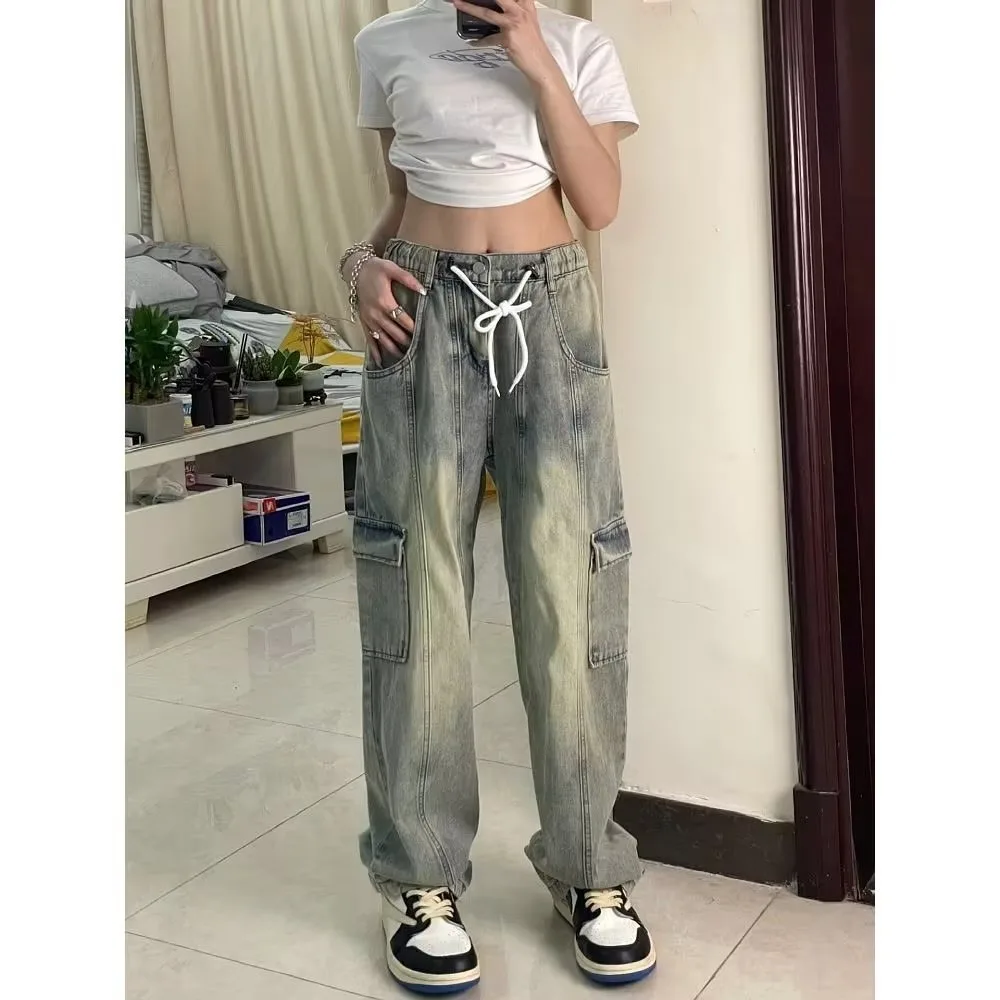 

Мужские джинсы в стиле ретро с эффектом потертости и грязевым окрашиванием, свободные повседневные брюки прямого кроя, осенне-зимние, большие размеры, 250 Pou