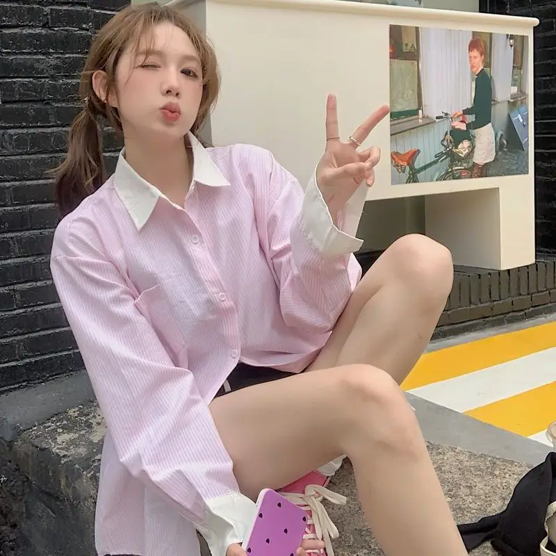 

Japanese Style Long Sleeve Striped Loose Women's Shirt Spring Autumn Sweet Anti-Aging Outerwear Top Polyester Fiber Casual Style