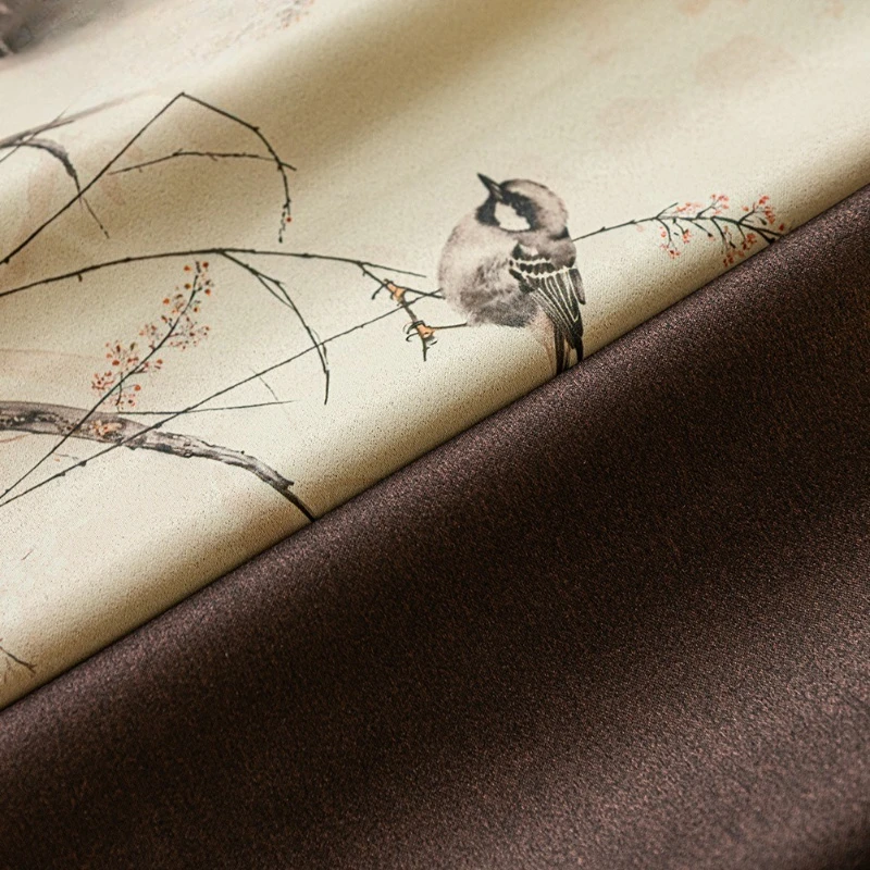 New Chinese Style Decor Blackout Curtains Cross Border Ink Flower and Bird Printed for Bedroom Living Dining Room Custom Size