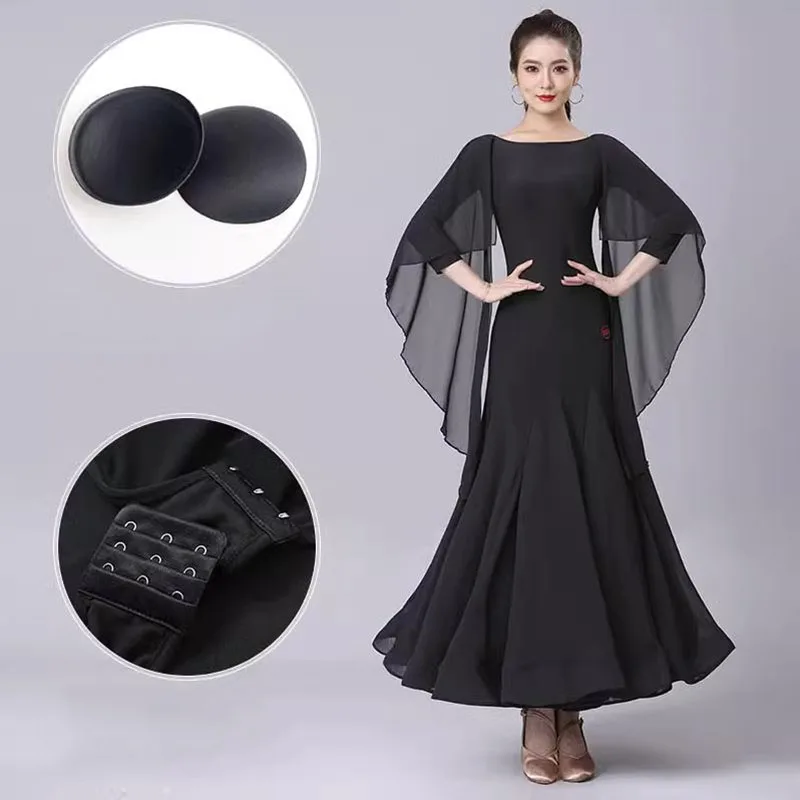 2023 New High-End Temperament Ballroom Long Dress Black Waltz Performance Clothes International Standard Modern Big Swing Dress