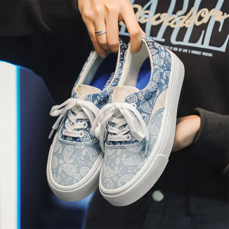 

Girls Blue flower canvas sneakers woman casual lace up Tenis school student canvas trainers outdoor sport shoes