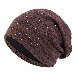 Winter Hats For Women Men Lace Rhinestone Breathable Turban Hat Windproof Warm Cap Female Beanie Hip Hop Bone Gorro Ponytail Hat