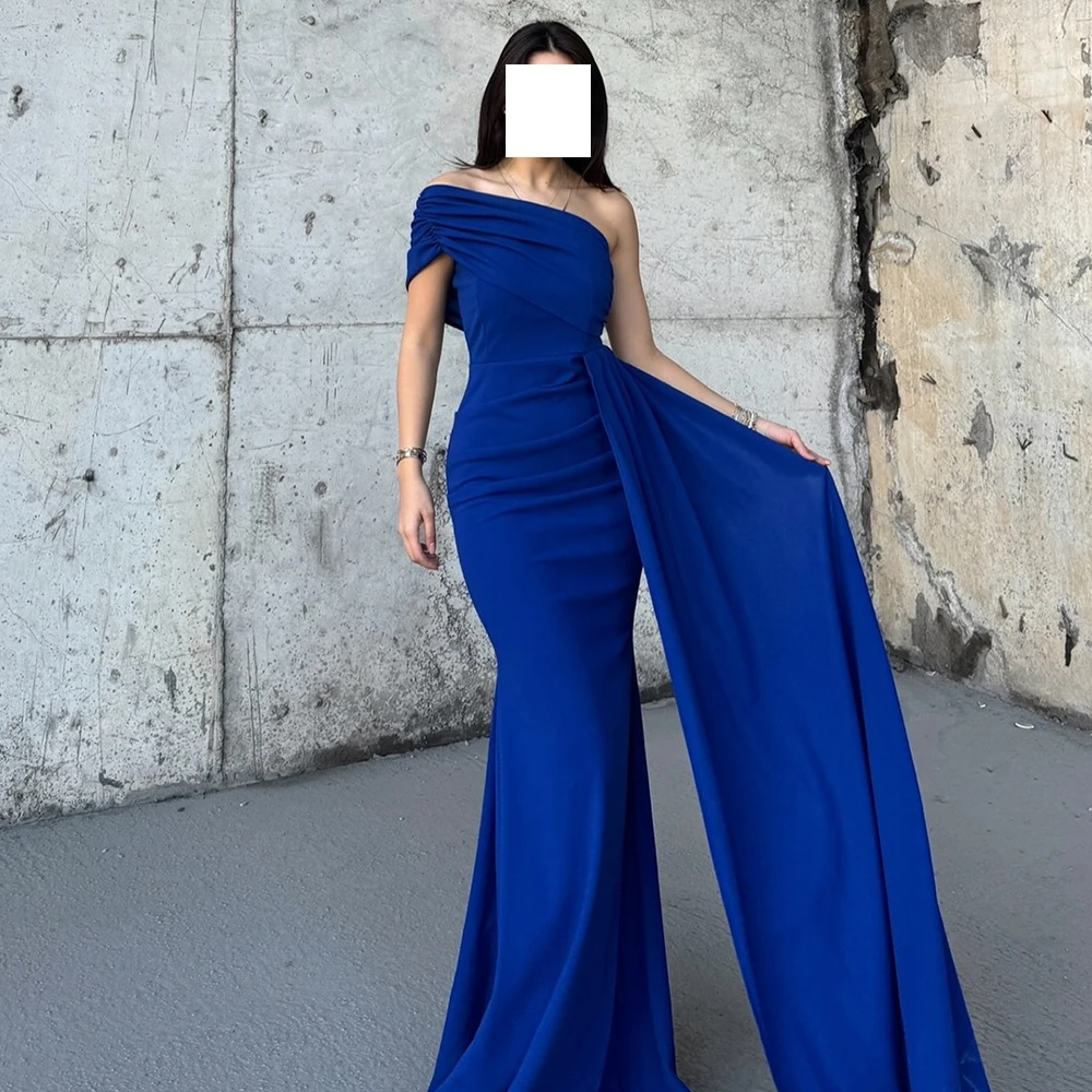 

Blue Floor Length Straight Jersey Sleeveless One Shoulder Elegant Party Dresses Woman Dresses For Formal Occasions Classic 2024