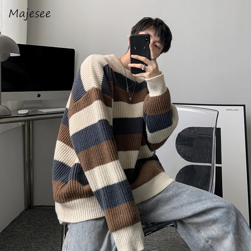 Sweaters Men Simple All-match Daily Loose Autumn Winter Striped Panelled Couple Fashion Knitted Pullovers Japanese Style Retro