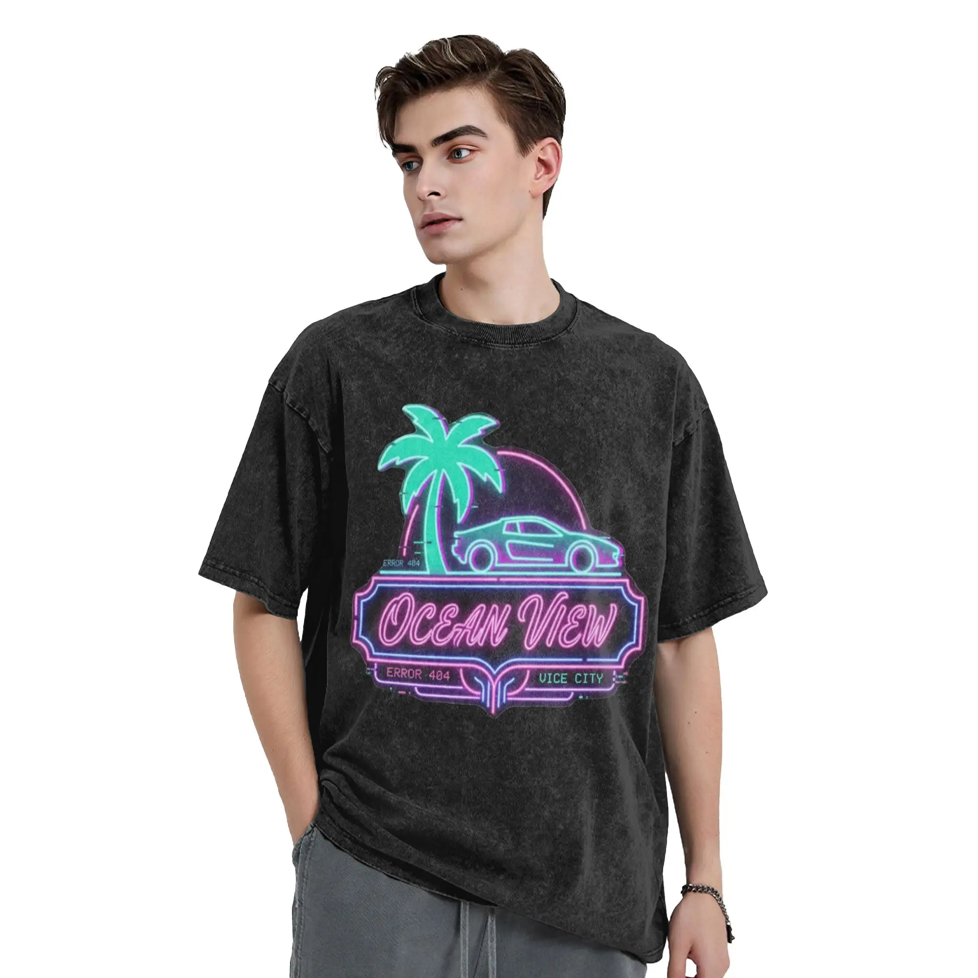 Novelty Night in Ocean View T-Shirts Men O Neck Pure Cotton Washed T Shirts  Short Sleeve Tee Shirt Plus Size Tops