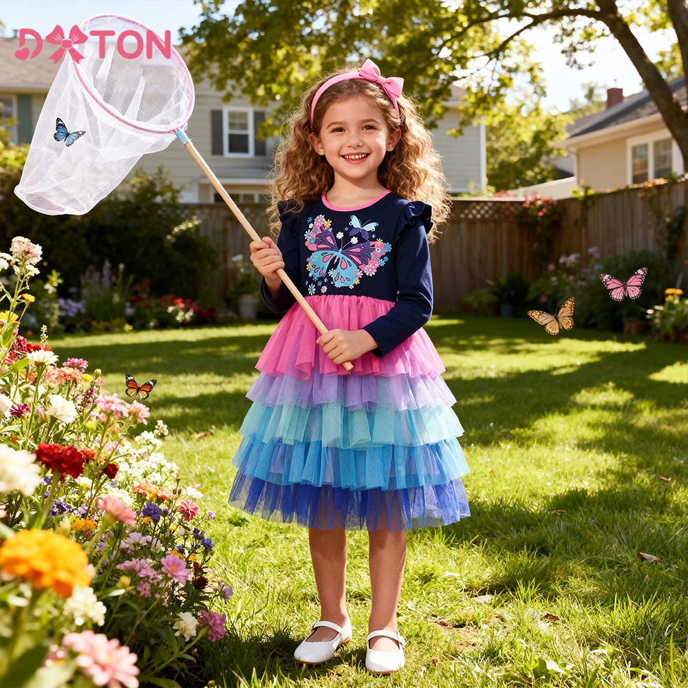 

DXTON Children Daily Clothing Ruffled Girls Cotton Dresses Butterfly Printed Kids Autumn Vacation Dress Animals Toddler Outfits