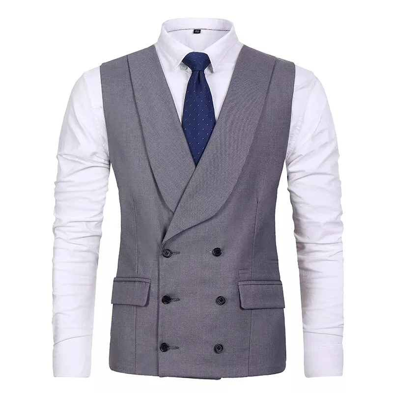 Gray Men Vest Double Breasted Casual Business Waistcoat Jacket Formal Slim For Groosmen Wedding Banquet Suit