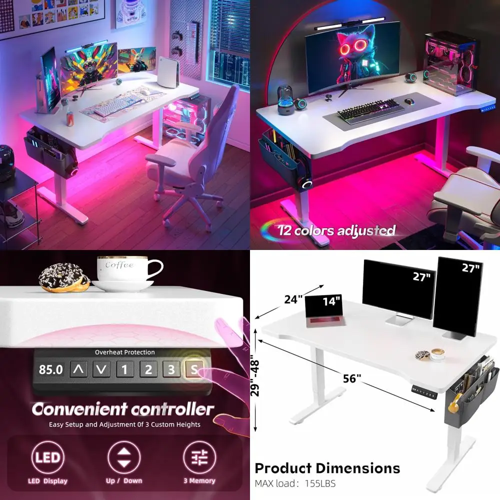 LED-Illuminated Electric Standing Desk, 56 x 24 Adjustable Height Computer Desk with 3 Memory Settings for Gaming and Office Use
