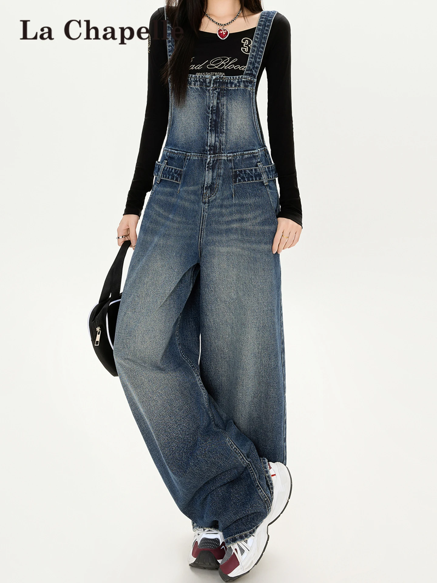 

Джинсовый комбинезон La Chapelle Vintage Blue Denim для женщин, весна 2026, свободный крой, утягивающий, цельный, повседневный, с высокой талией, широкие штанины