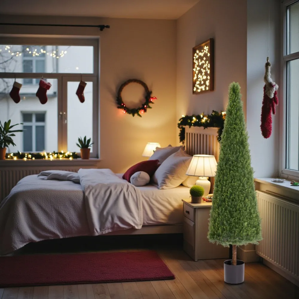 5FT Conical Topiary Cedar Artificial Outdoor UV Resistant Fake Potted Plants Front Porch Garden Decor 1pc/set