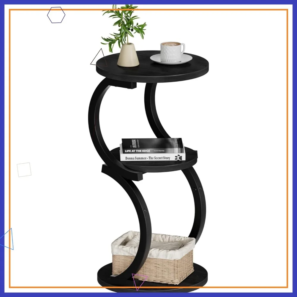 

3-х уровневый круглый приставной столик, винтажный торцевой столик для гостиной, небольшая тумбочка с S-образным металлическим каркасом, черный
