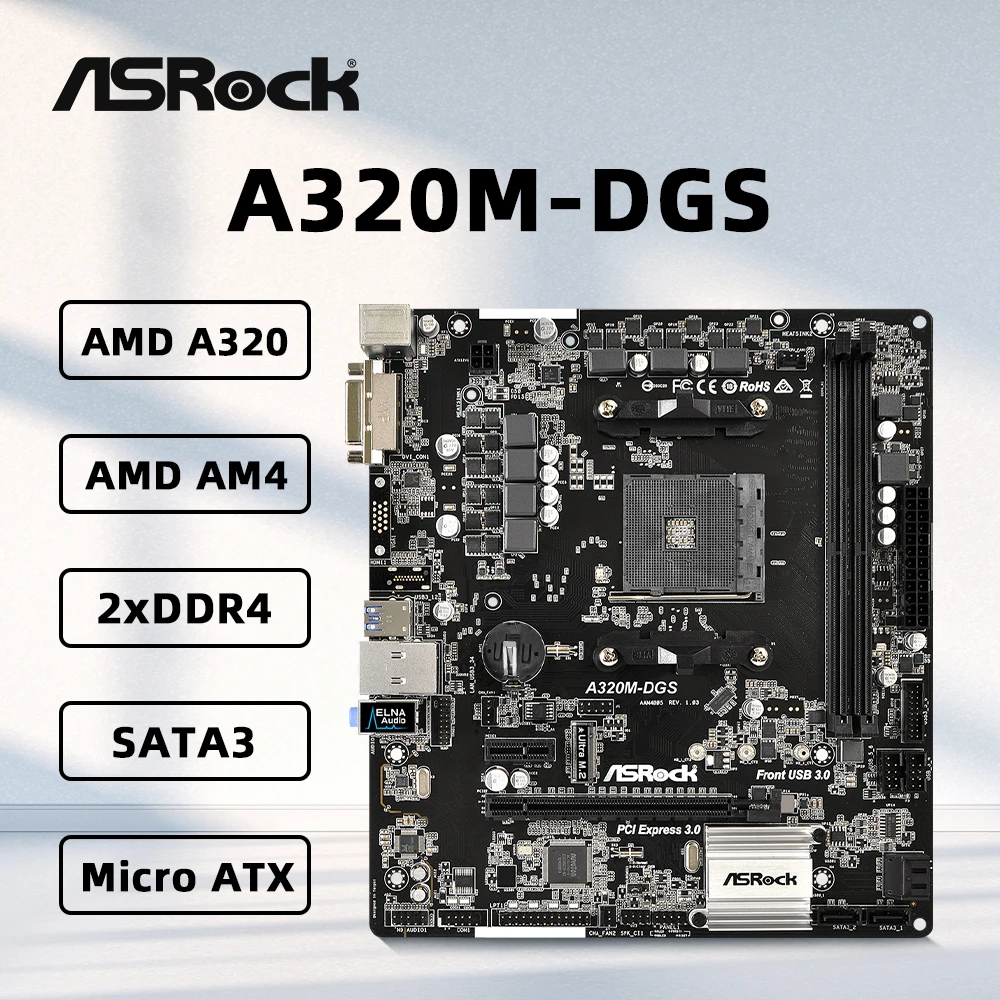 ASROCK A320M-DGS Motherboard AMD A320 Chipset AMD AM4 Socket CPU Support A8 9600 A10 9700, 2xDDR4 Memory 32GB, Micro ATX.