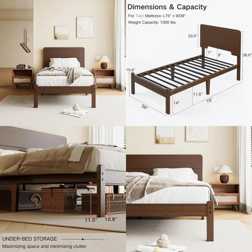 

14 Inch High Solid Bamboo Twin Bed Frames with Headboard, Heavy Duty Metal Slats, Easy Assembly, No Box Spring Required